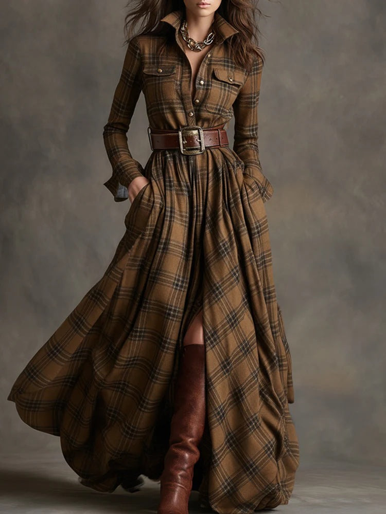 Damen nan karierte Maxikleid Hemdblusenkleid mit ausgestelltem Rock und breitem Taillengürtel EB