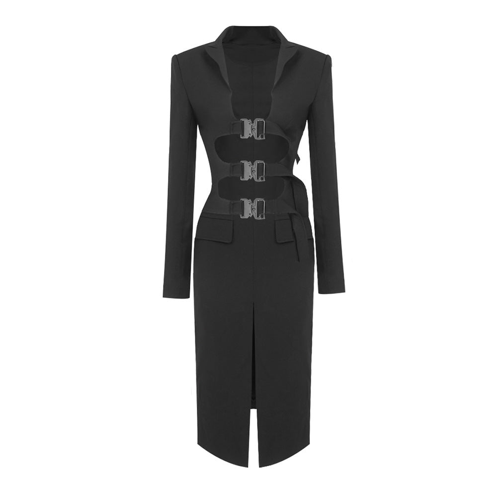 Damen elegant geschnittenes Blazer-Kleid mit kontrastierenden Schnallen EB