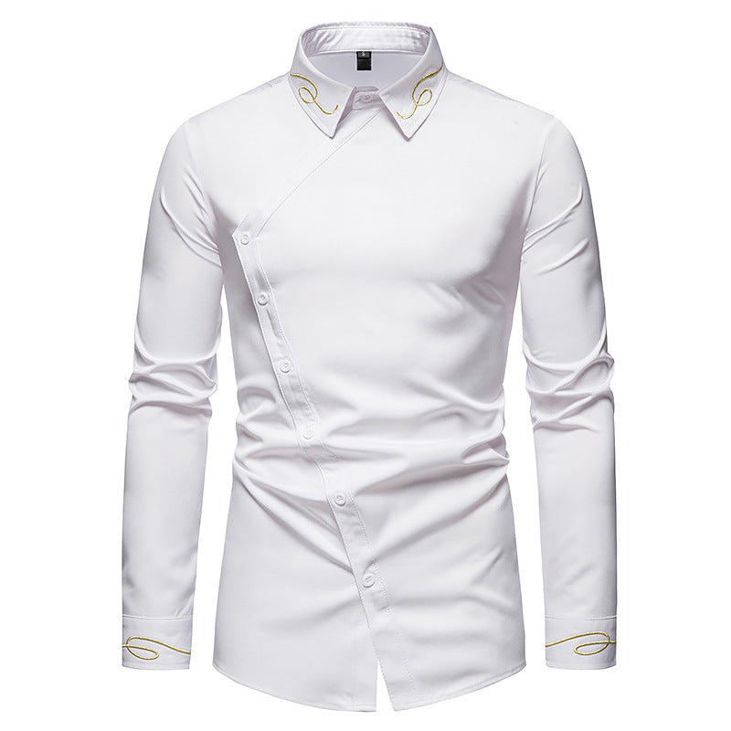 Herren Elegantes Langarmhemd mit asymmetrischem Knopfdesign und gesticktem Kragen EB