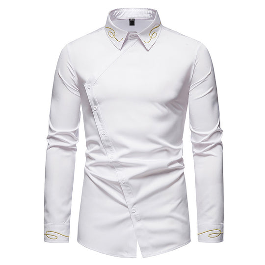Herren Elegantes Langarmhemd mit asymmetrischem Knopfdesign und gesticktem Kragen EB