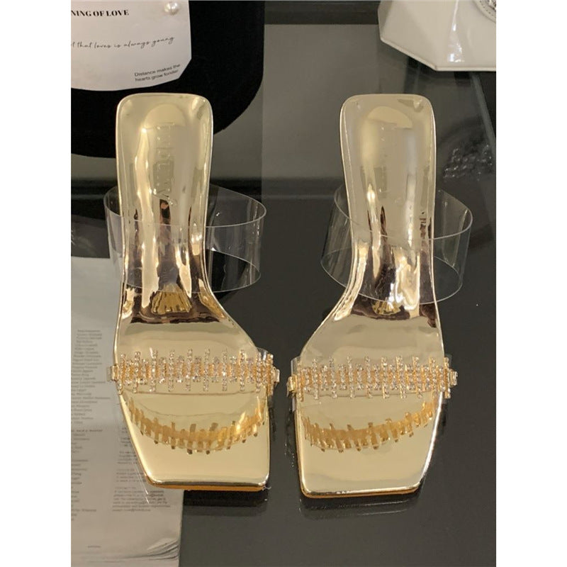 Damen elegante transparente Mules mit glitzernden Strassverzierungen EB