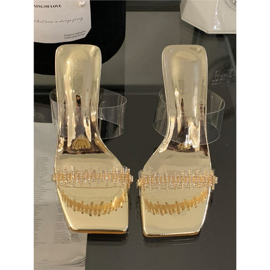 Damen elegante transparente Mules mit glitzernden Strassverzierungen EB