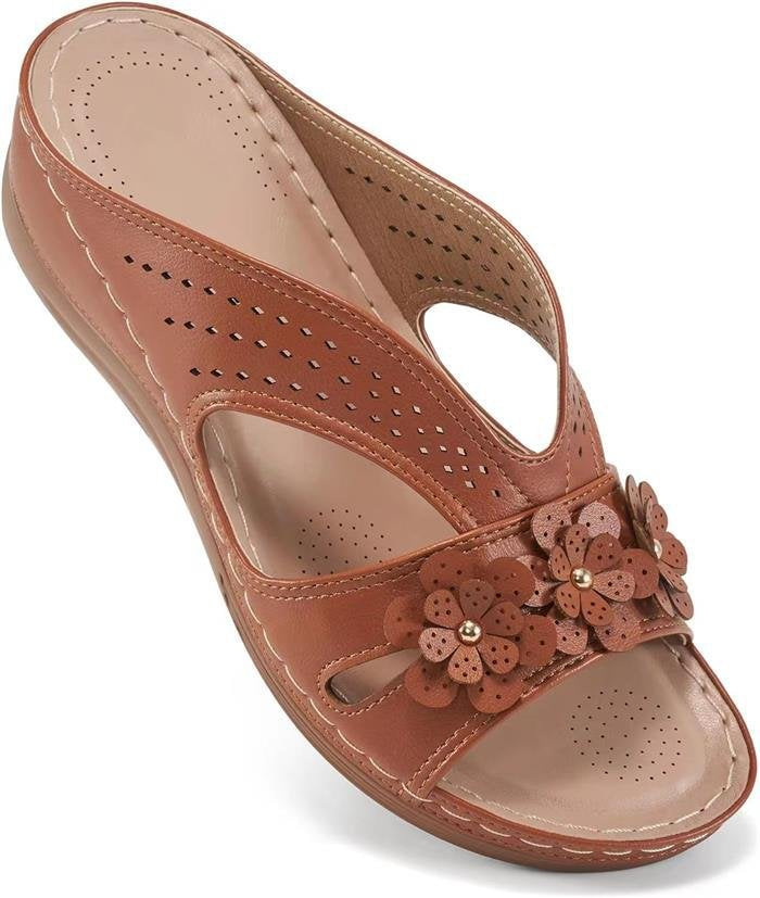 Damen Bequeme Pantoletten mit Blumenapplikation und orthopädischer Dämpfung EB