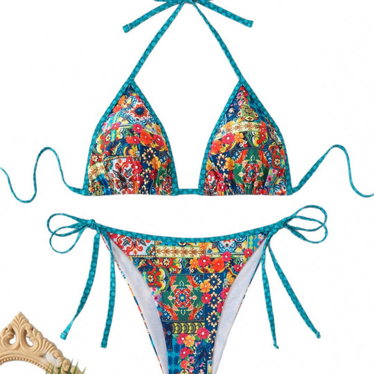 Damen Triangel-Bikini mit bunten Zierstichen und verstellbaren Bindebändern EB