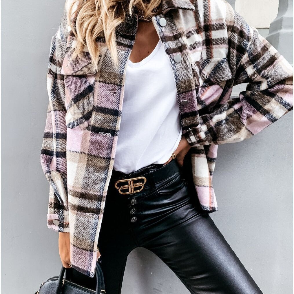 Damen Karo-Hemdenjacke im Oversized-Stil mit Druckknopfverschluss EB