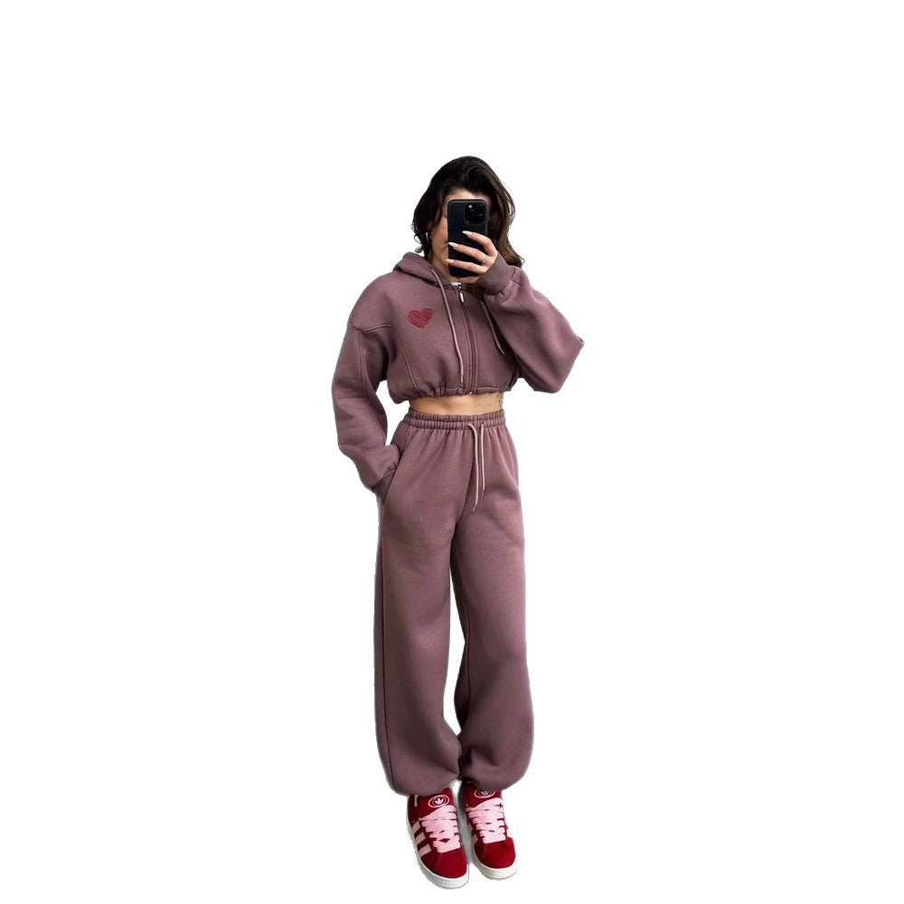 Damen Cropped Kapuzenpullover und hohe Taille Wide-Leg Jogginghose Set EB