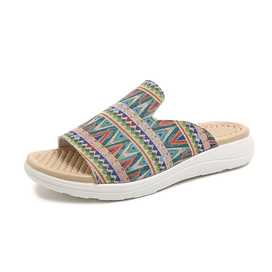 Damen Wedge-Pantoletten mit farbenfrohem Ethnomuster und rutschfester Sohle EB
