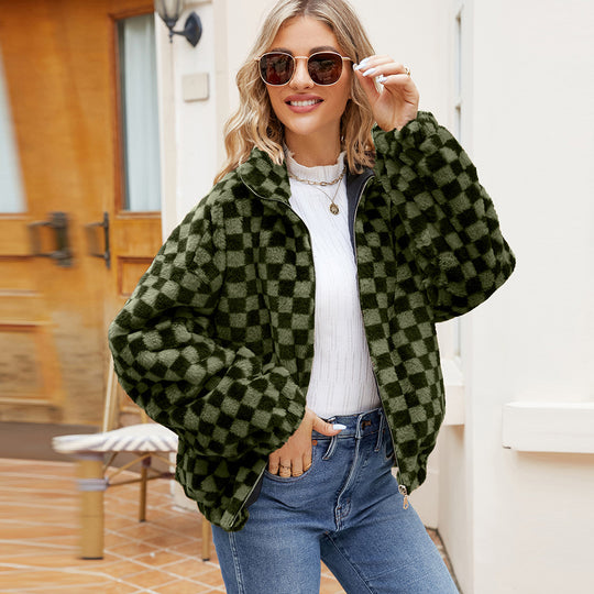 Damen Plüschjacke mit Karomuster und hohem Kragen EB