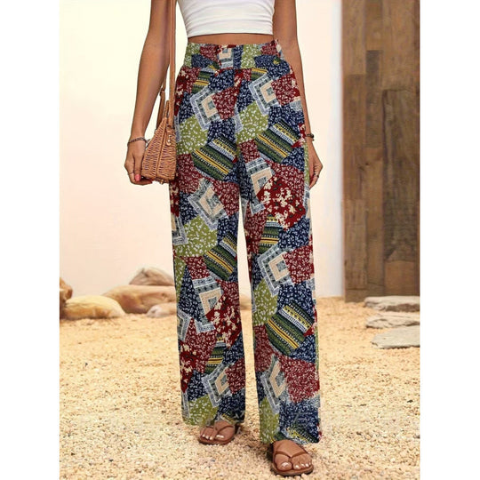 Damen Weite Blumenmuster-Hose mit elastischem Bund und hohem Taillenschnitt EB