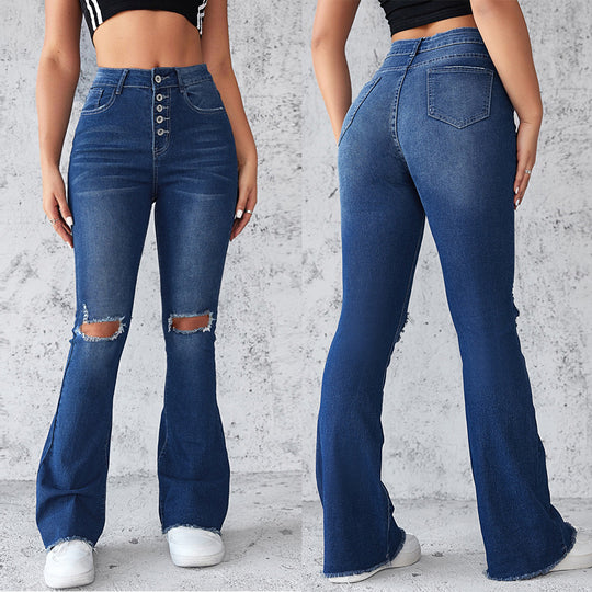 Damen Flared Jeans mit modischen Rissdetails und hohem Taillenbund EB
