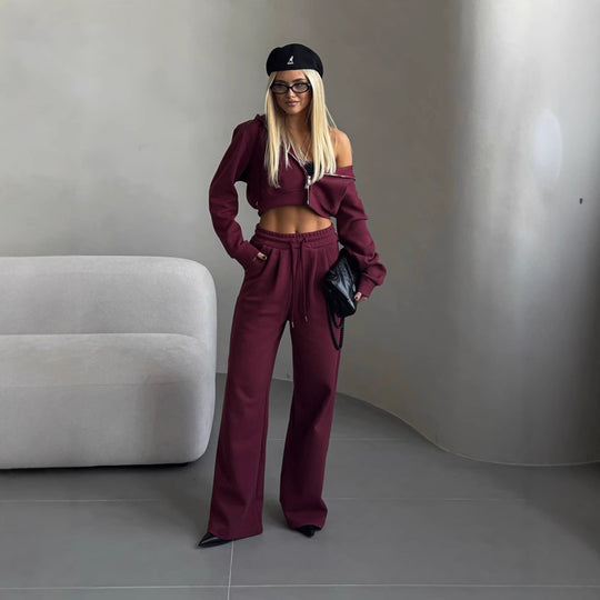 Damen stylisches Crop-Set aus Kapuzenpullover und bequemen Jogginghosen EB