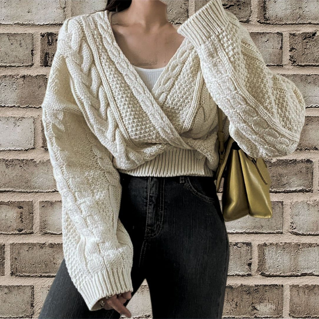Damen Strickjacke mit tiefem V-Ausschnitt und Zopfstrickdesign EB