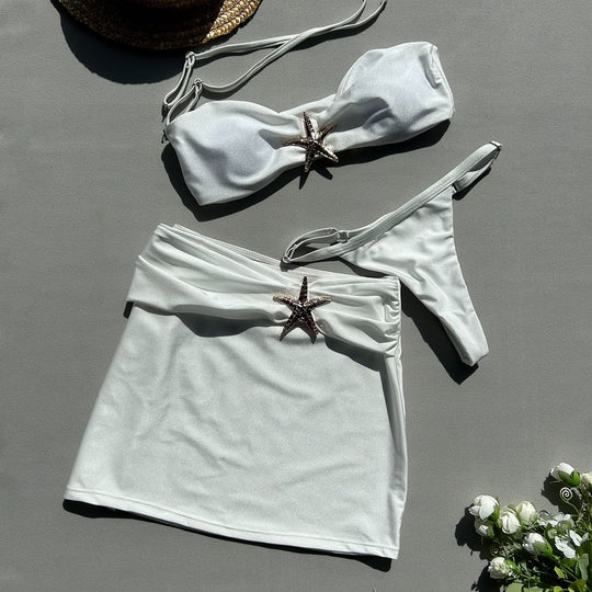 Damen Bandeau-Bikini-Set mit schicker Rüschenverzierung und modischem Rock EB
