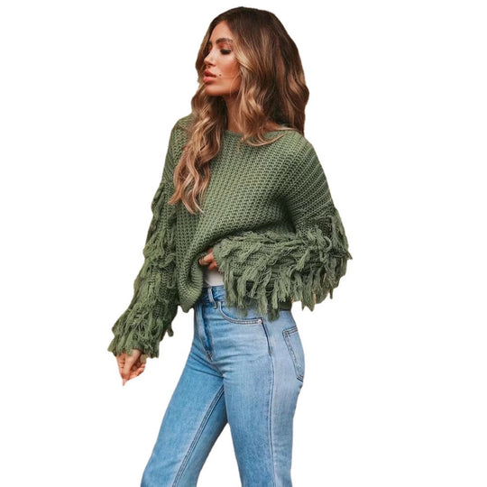 Damen Grobstrickpullover mit fransigen Ärmeln und lässigem Schnitt EB