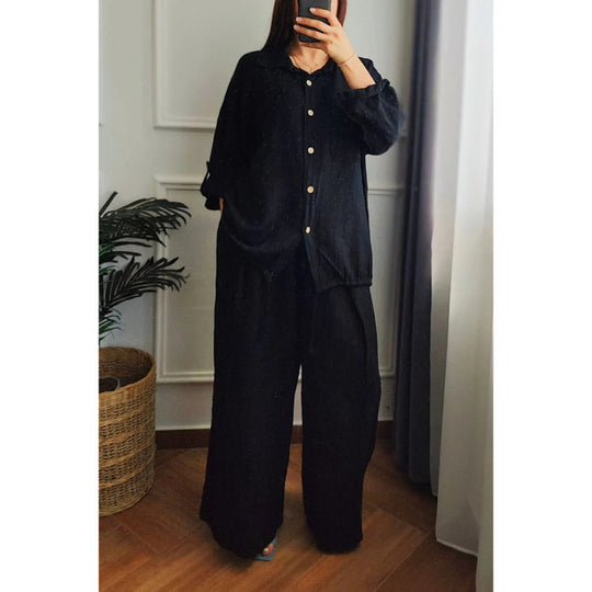 Damen Leinen-Set mit weiten Hosen undlässiger Bluse EB