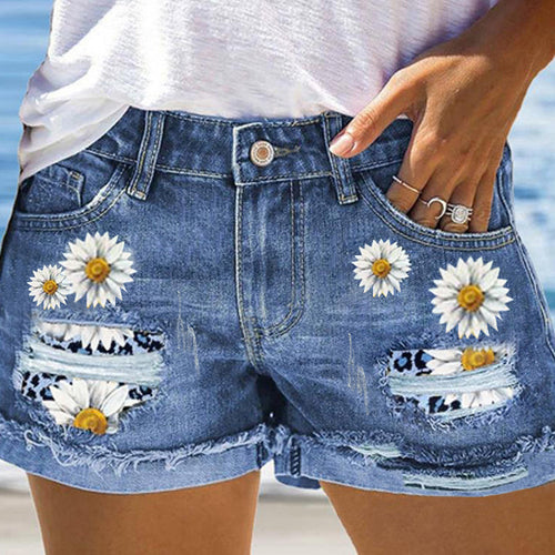 Damen Jeansshorts mit auffälligen Blumenapplikationen und lässigem Schnitt EB