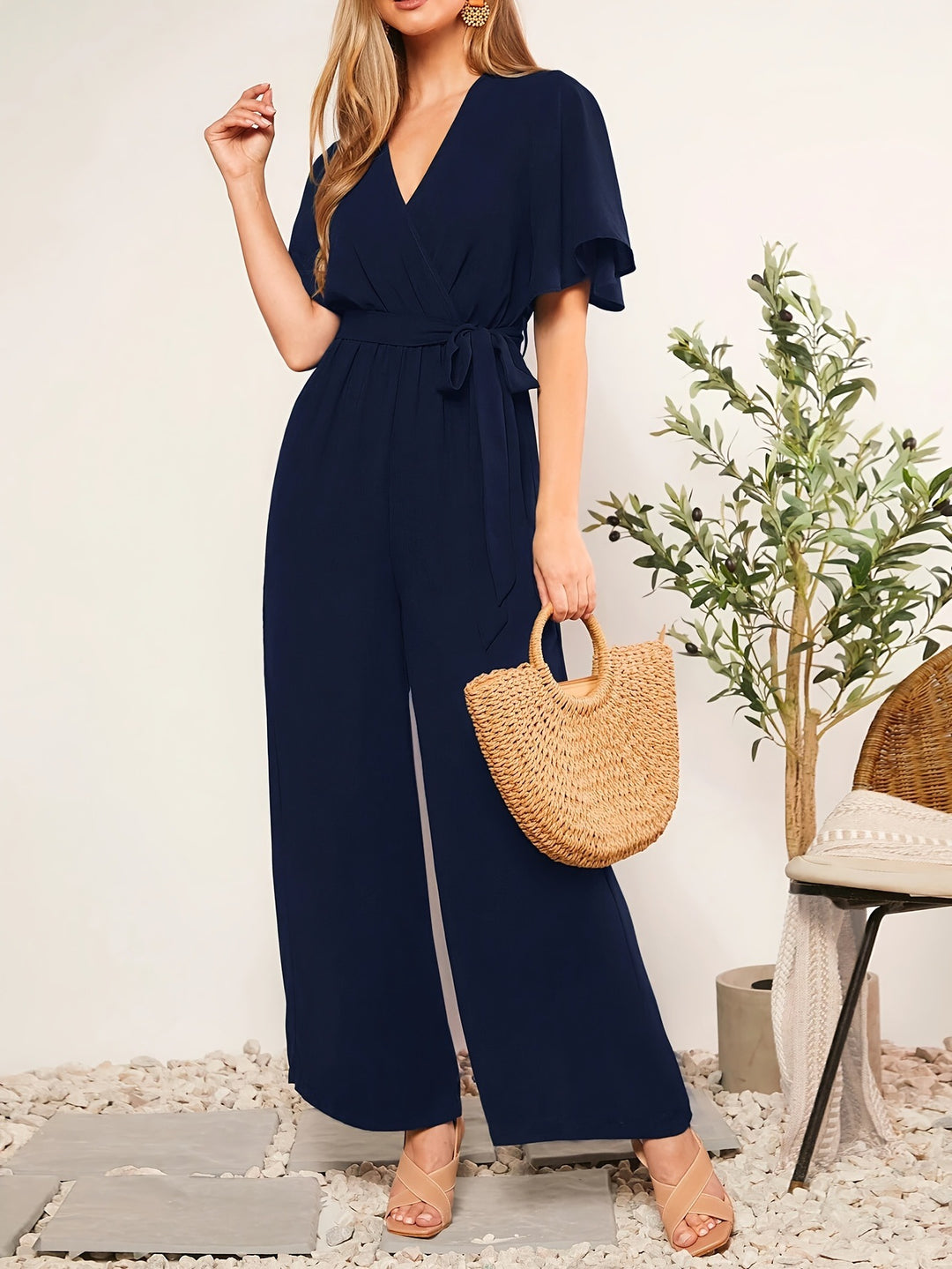 Damen eleganter Jumpsuit mit tiefem V-Ausschnitt und Poncho-Ärmeln EB