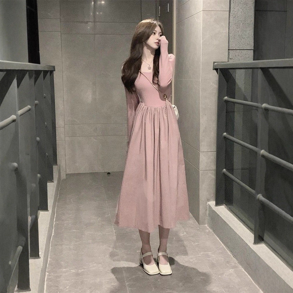 Damen langärmliges Midi-Kleid mit schwingendem Rock und dekorativen Puffärmeln EB
