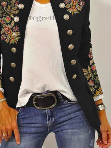 Damen Elegante Blazerjacke mit floralem Stickdesign und kontrastierenden Knöpfen EB