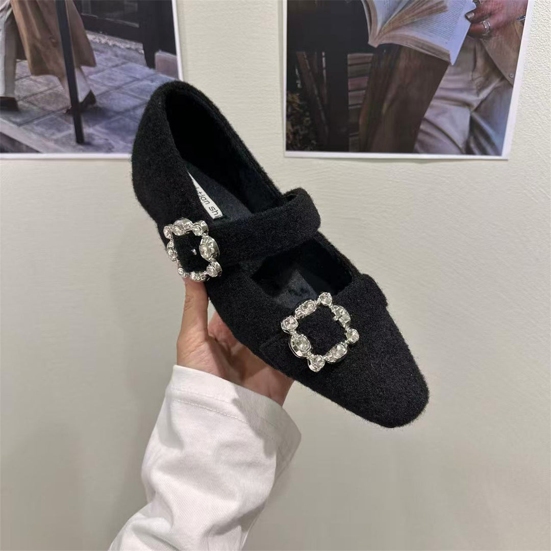 Damen elegante Filz-Mary Jane Schuhe mit schimmernden Schnallen EB