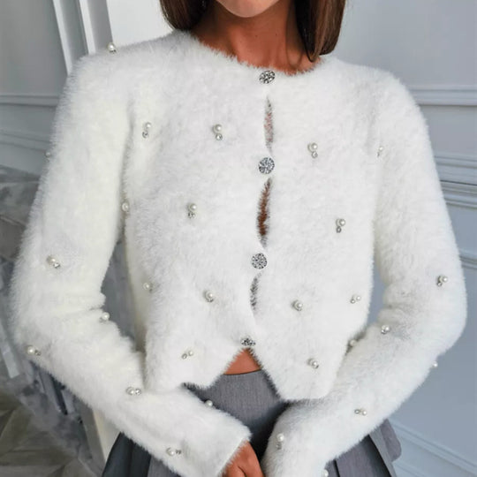 Damen Flauschiger kurzgeschnittener Perlen-Cardigan mit strassbesetzten Schmuckknöpfen EB