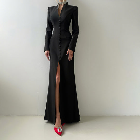 Damen Elegantes Maxikleid mit tailliertem Schnitt und Knopfleiste EB