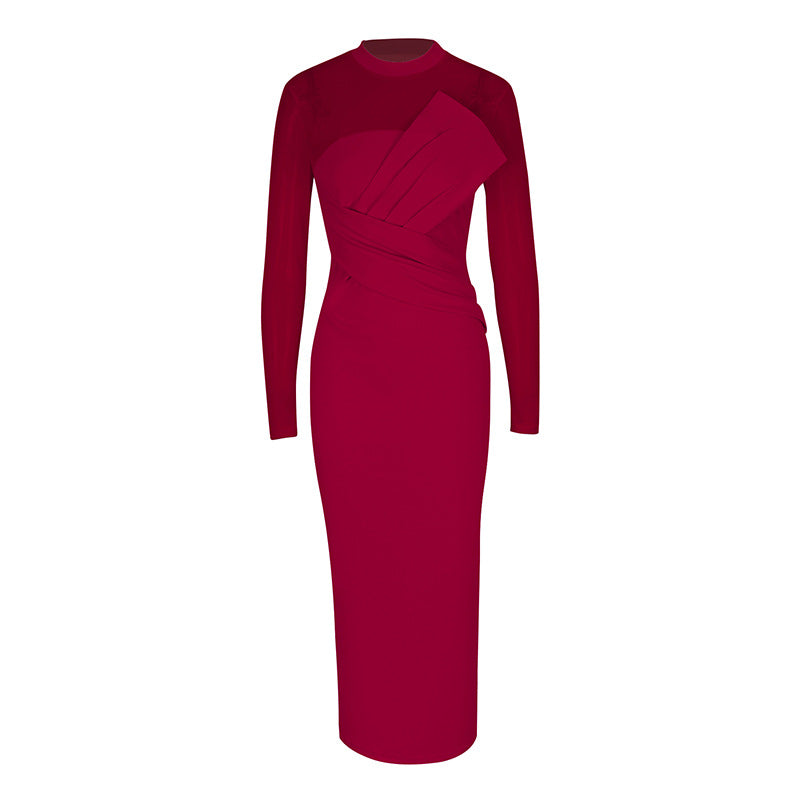 Damen Elegantes Langarm-Midi-Kleid mit raffinierter Drapierung und figurbetonter Silhouette EB
