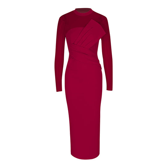 Damen Elegantes Langarm-Midi-Kleid mit raffinierter Drapierung und figurbetonter Silhouette EB