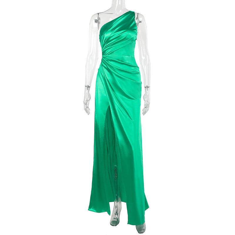 Damen Elegantes One-Shoulder Maxikleid mit drapiertem Design und hohem Schlitz EB