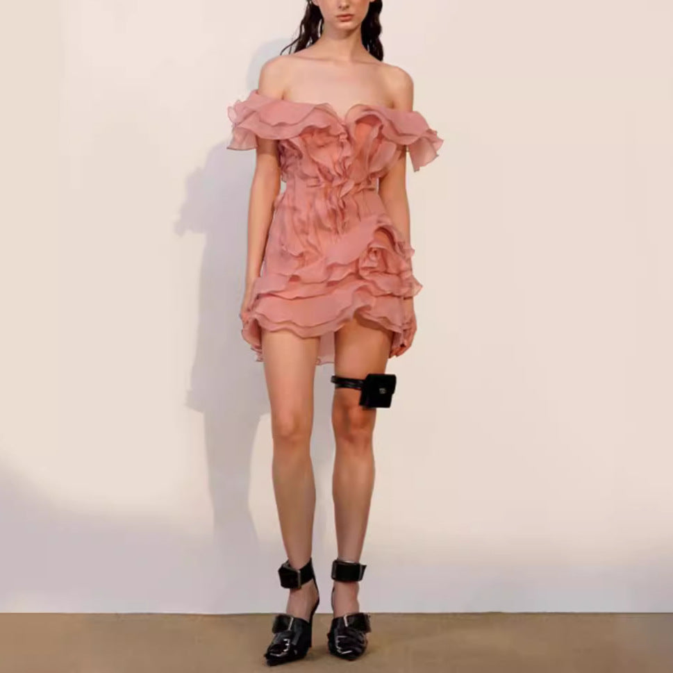Damen Off-Shoulder Minikleid mit voluminösen Rüschen EB
