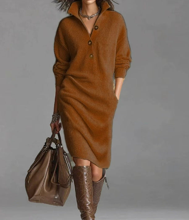 Damen nan gestricktes Pulloverkleid mit Polokragen, Eingrifftaschen und lässiger Passform EB