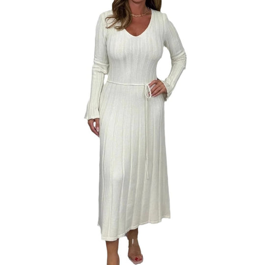 Damen Strickmaxikleid mit V-Ausschnitt und Taillenkordel EB
