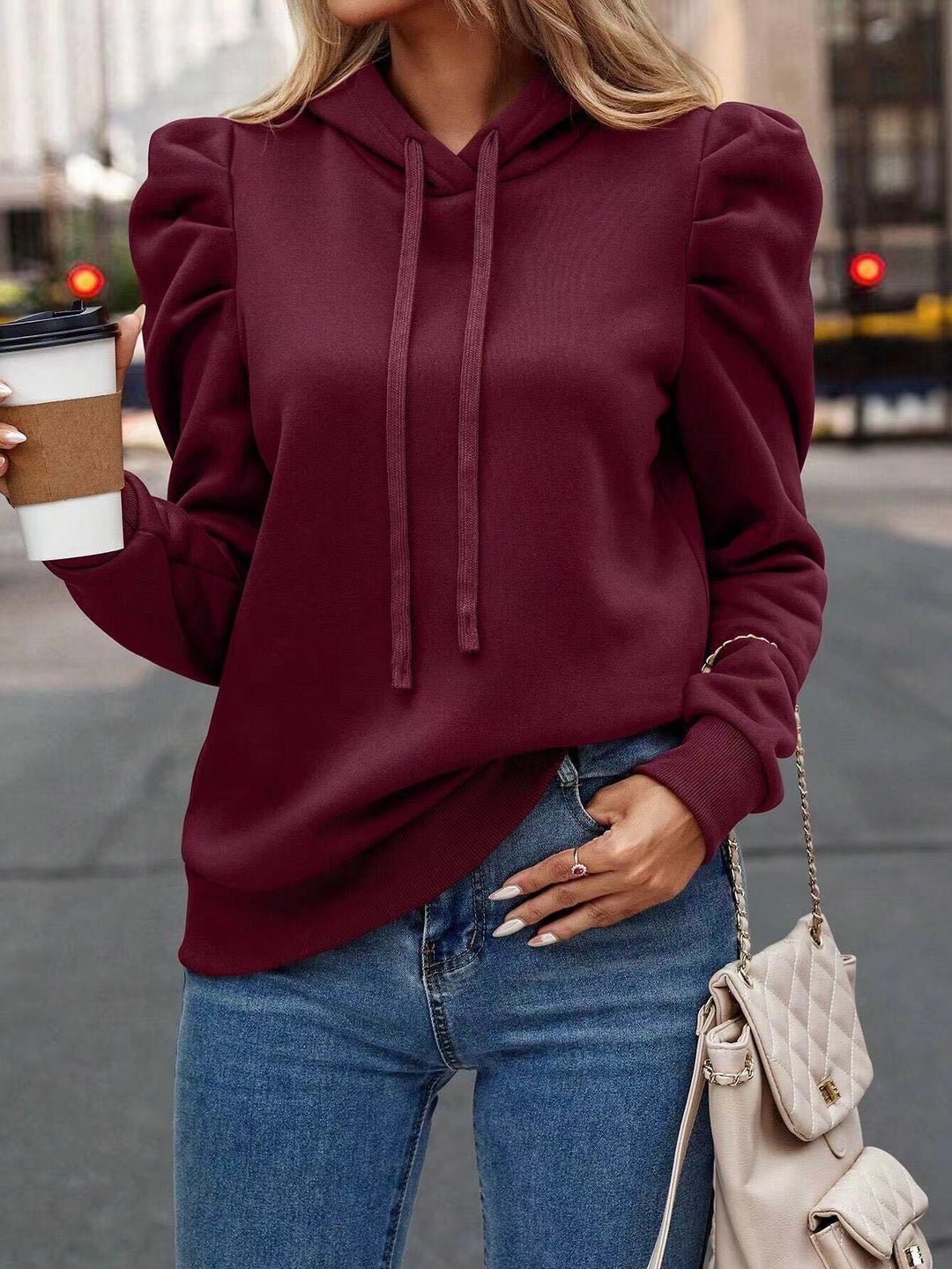 Damen modischer Kapuzenpullover mit voluminösen Ärmeln und lässigem Schnitt EB