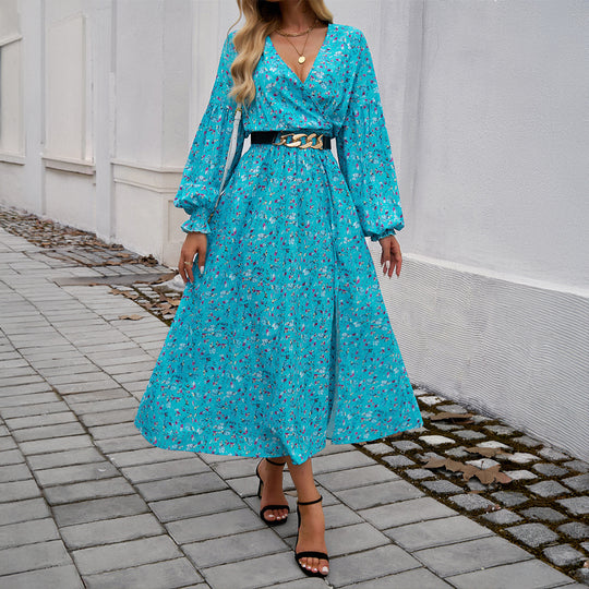 Damen nan Wickelmidikleid mit V-Ausschnitt, Ballonärmeln und taillierendem Gürtel EB