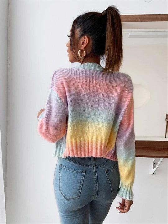 Damen Modischer Oversized-Cardigan mit buntem Farbverlauf und Knopfdetails EB