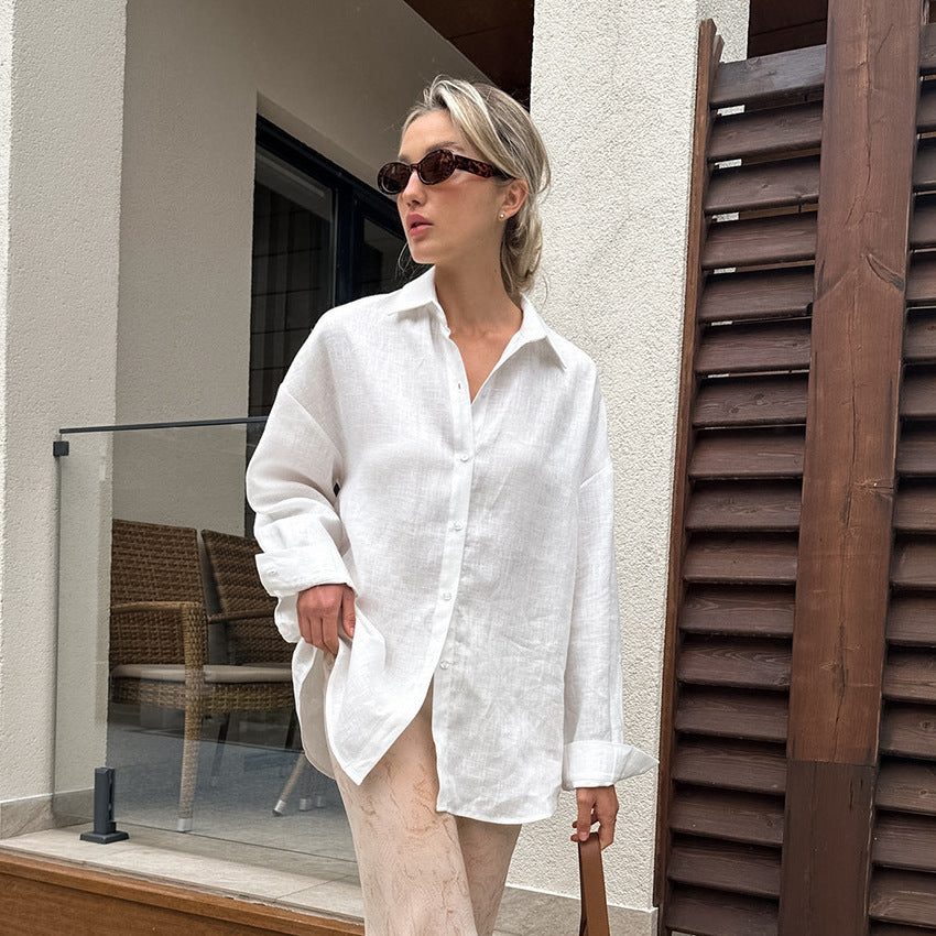 Damen Leinenhemd mit lässigem Schnitt und oversized Ärmeln EB