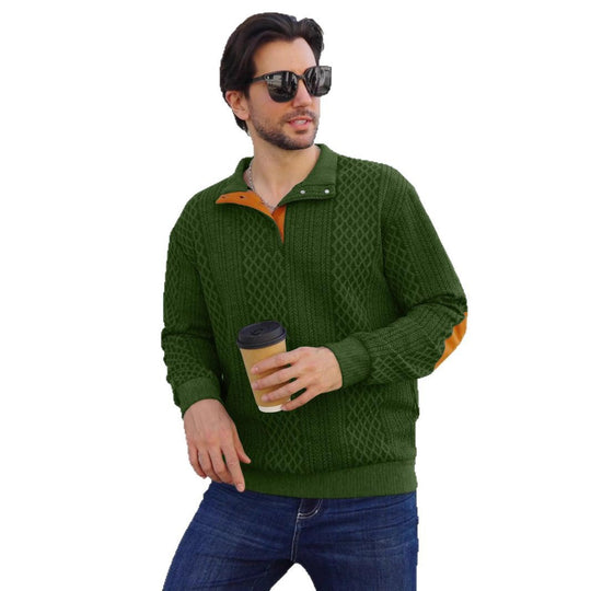 Herren nan strukturierter Henley-Pullover mit Stehkragen, Knopfleiste und Lederoptik-Ellbogenbesatz EB