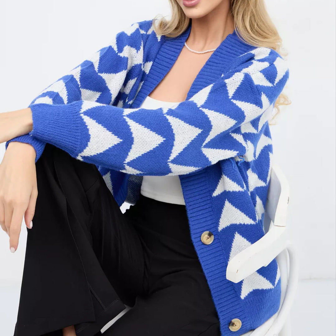 Damen Strickjacke mit geometrischem Muster und knöpfbarem Design EB