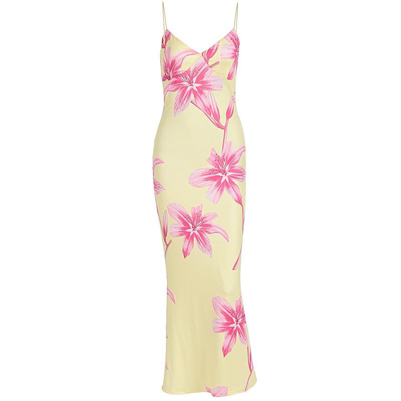 Damen Elegantes Blumenmaxikleid mit feinen Spaghettiträgern und figurbetontem Schnitt EB