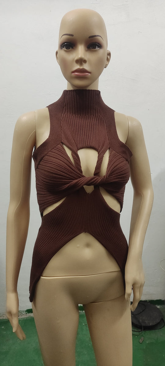 Damen figurbetontes Cut-Out Top mit hohem Kragen EB