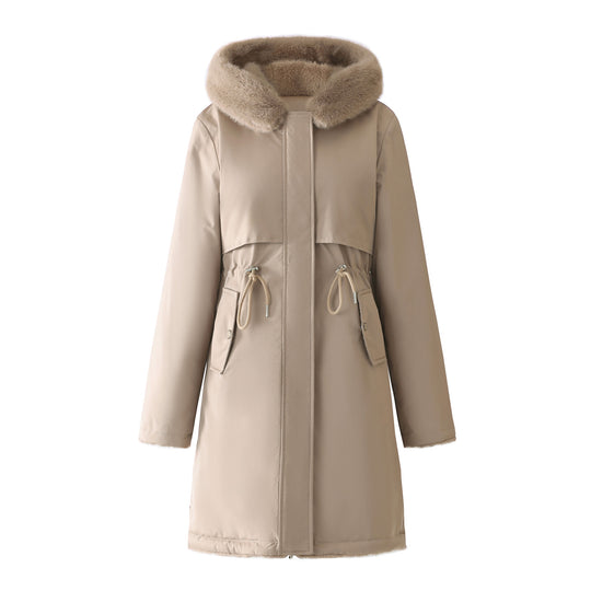 Damen nan langer Parka mit abnehmbarer Kunstfellkapuze und taillenverstellendem Kordelzug EB