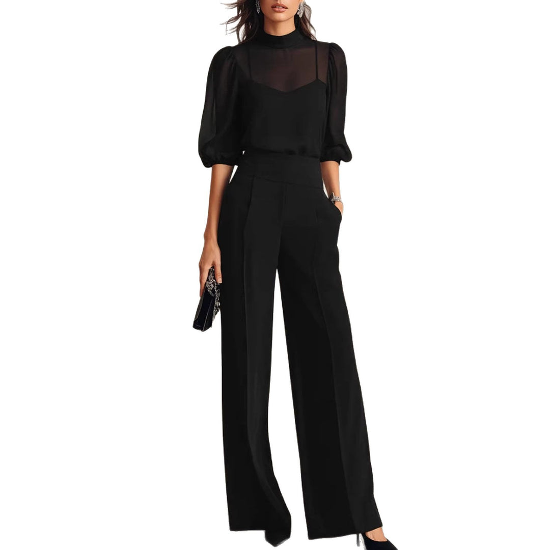Damen elegantes Blusenset mit weiten Beinen und transparenten Ärmeln EB