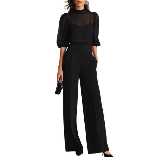 Damen elegantes Blusenset mit weiten Beinen und transparenten Ärmeln EB