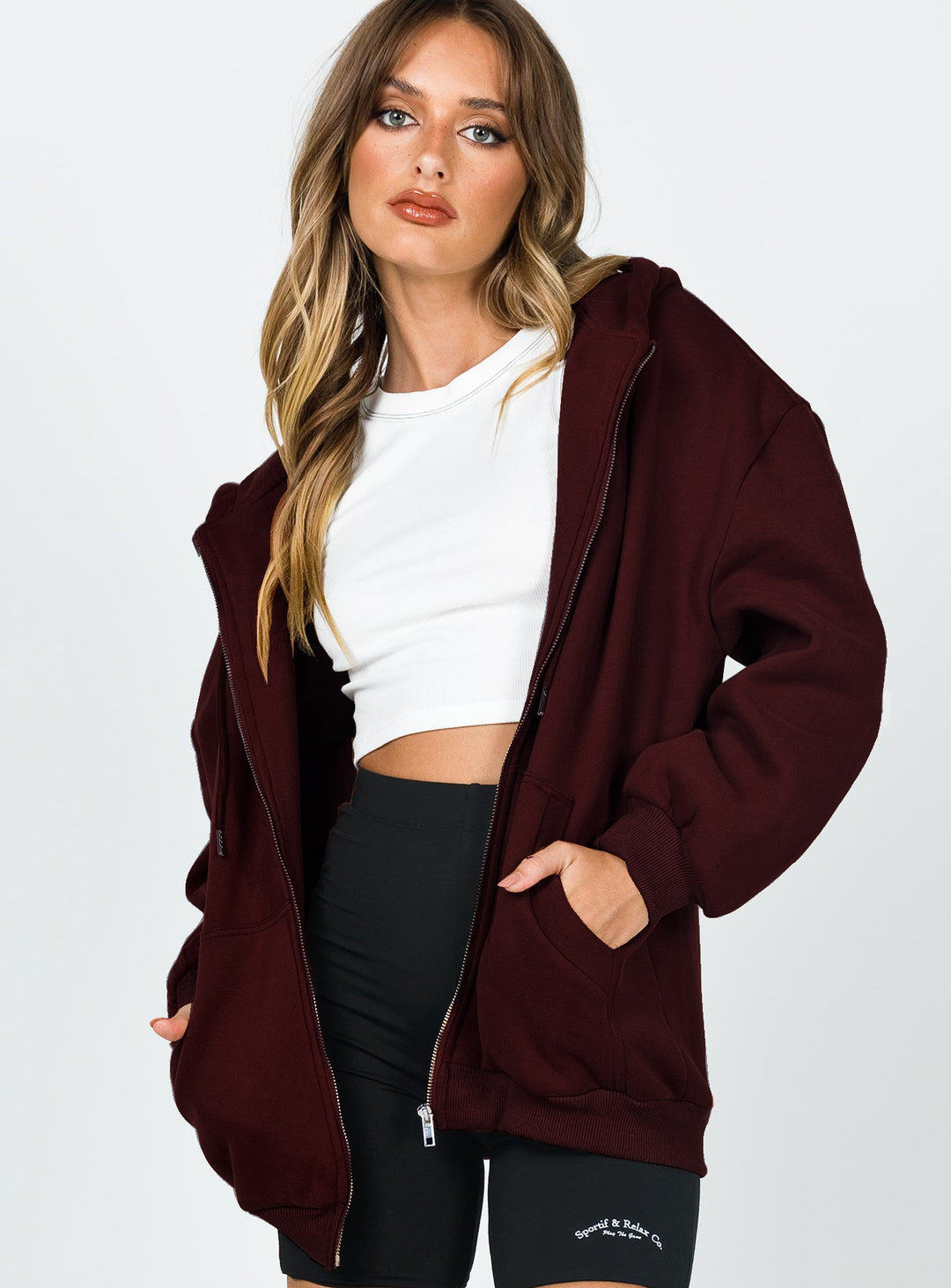 Damen nan lässige Zip-Hoodie-Jacke im Boxy-Cut mit überschnittener Schulter, verdecktem Tunnelzug und großen Kängurutaschen EB