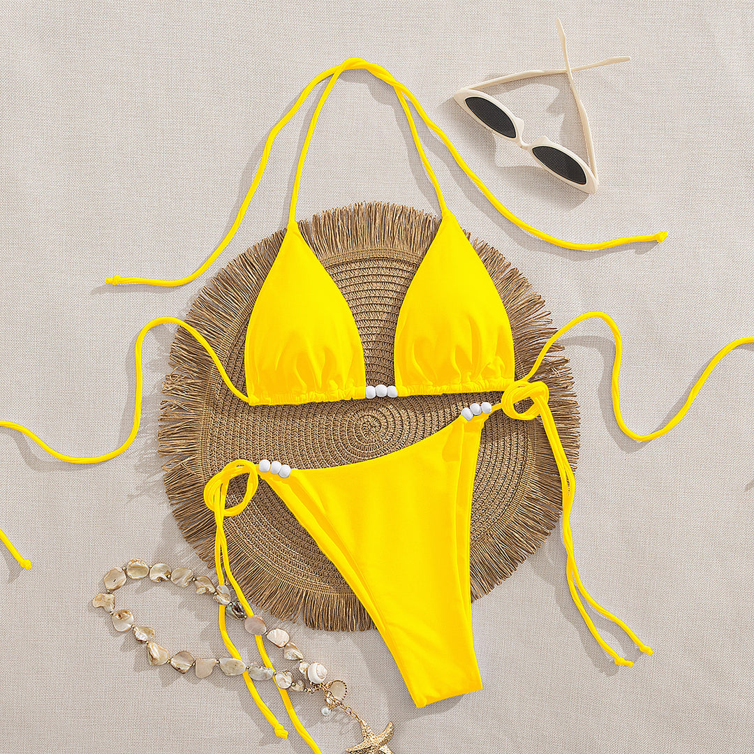 Damen Triangel-Bikini mit dekorativen Perlen-Details EB