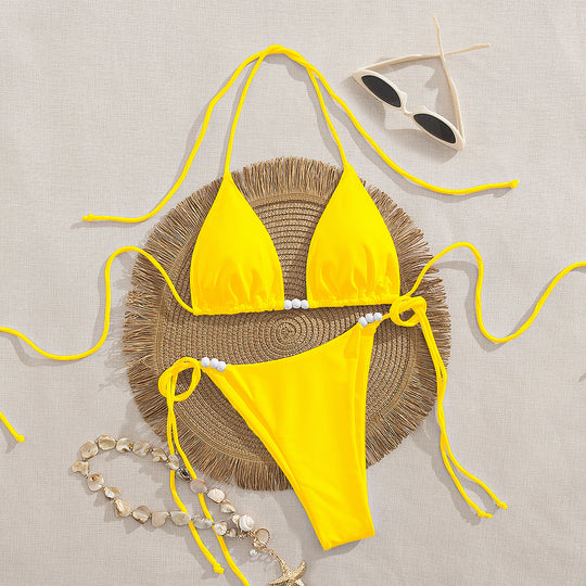 Damen Triangel-Bikini mit dekorativen Perlen-Details EB