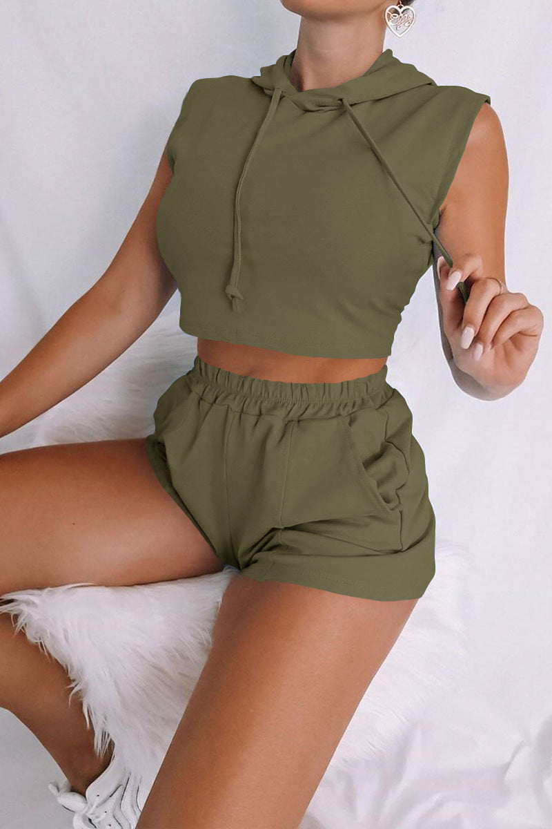 Damen Sportliches Zweiteiliges Set mit Kapuzenoberteil und Shorts EB