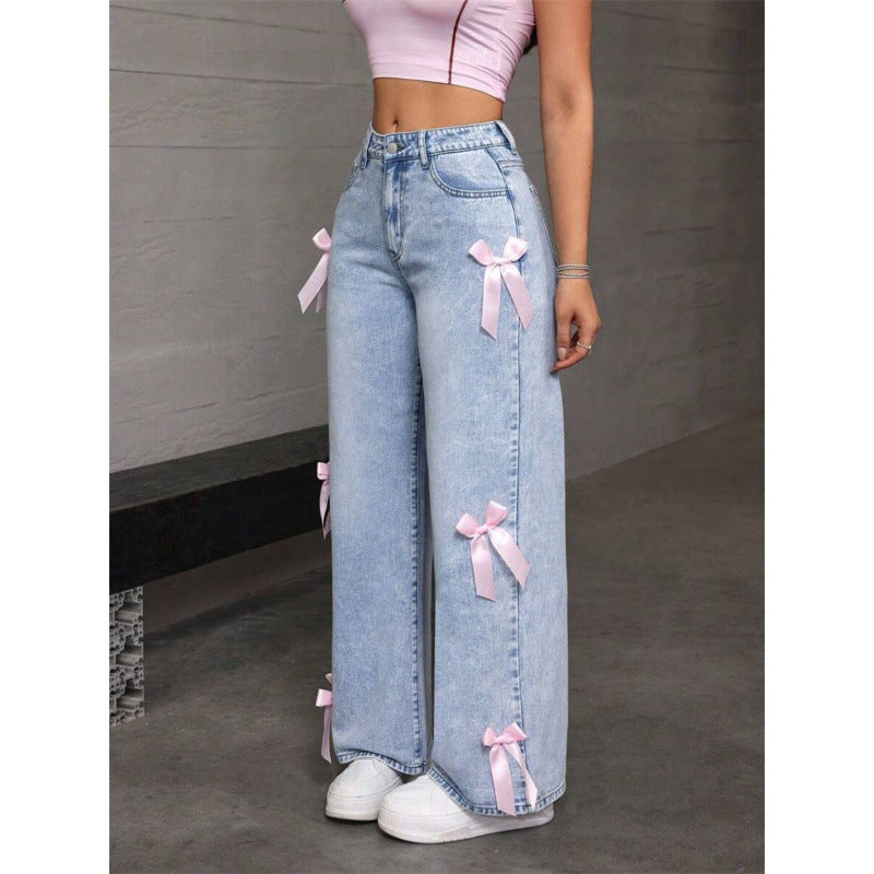 Damen Weite Jeans mit dekorativen Schleifen-Details EB