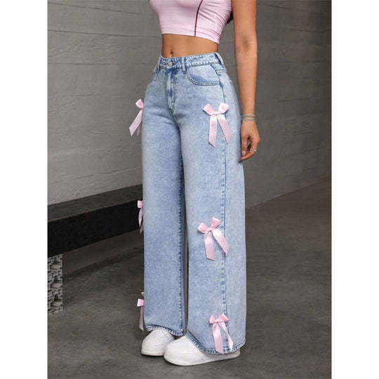 Damen Weite Jeans mit dekorativen Schleifen-Details EB