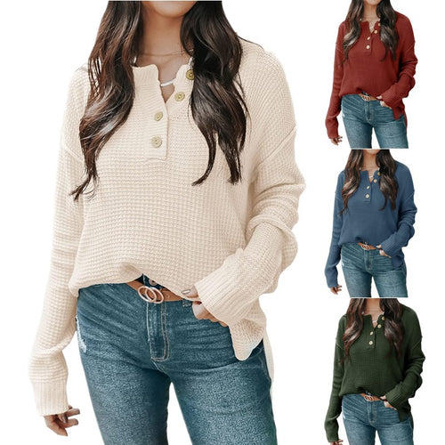 Damen lässiger Oversized Pullover mit Knopfleiste und strukturiertem Material EB
